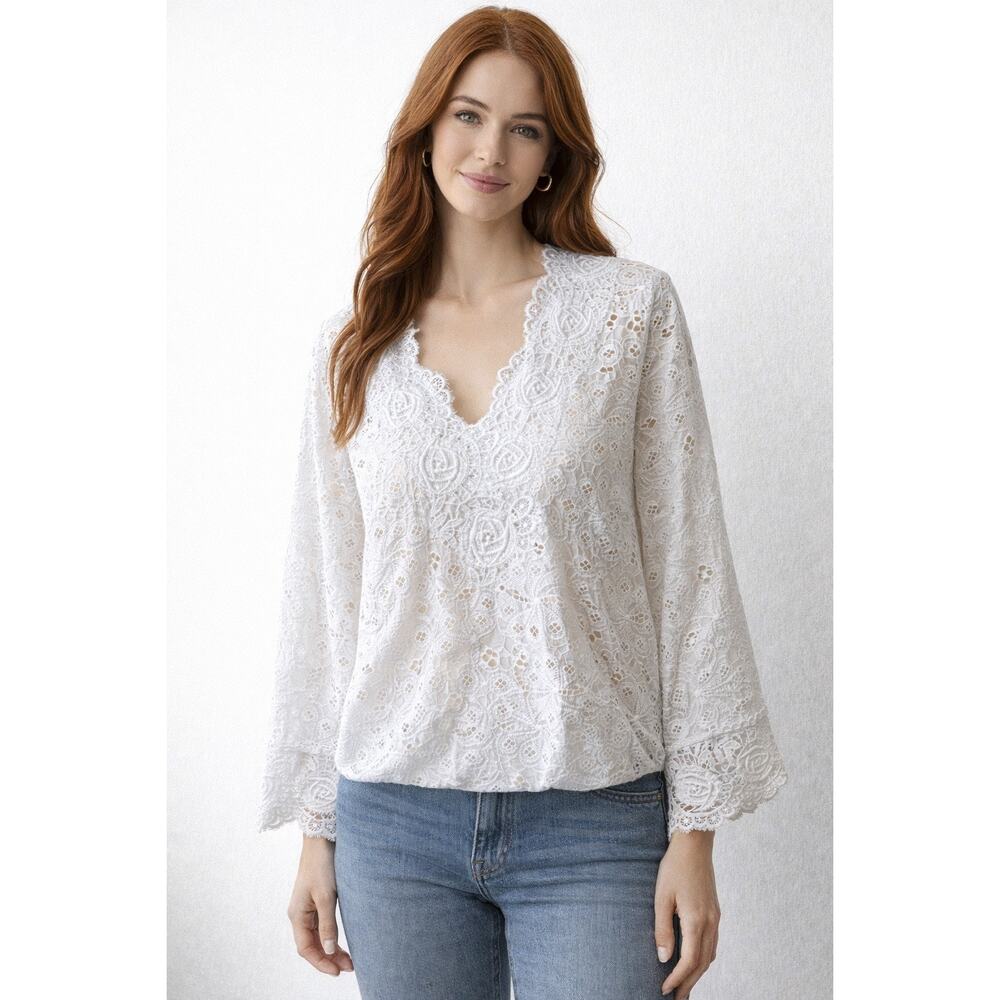 Temptation Lace Eyelet Crochet White Blouse, Bell Sleeve Elastic Bottom Medium